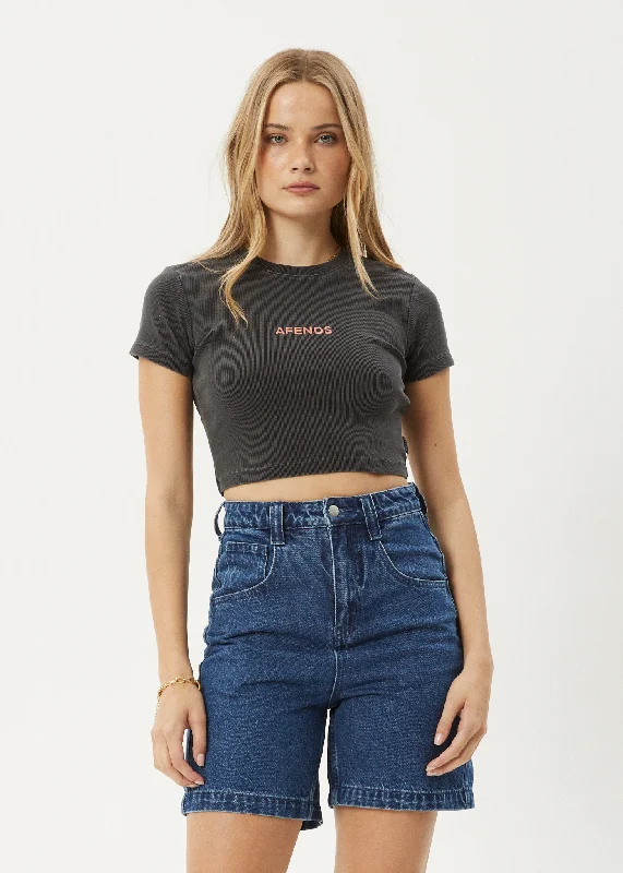 AFENDS Womens Dillon Abbie - Rib Cropped Tee - Stone Black