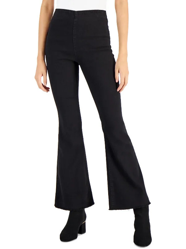 Petites Womens Stretch High Rise Flare Jeans