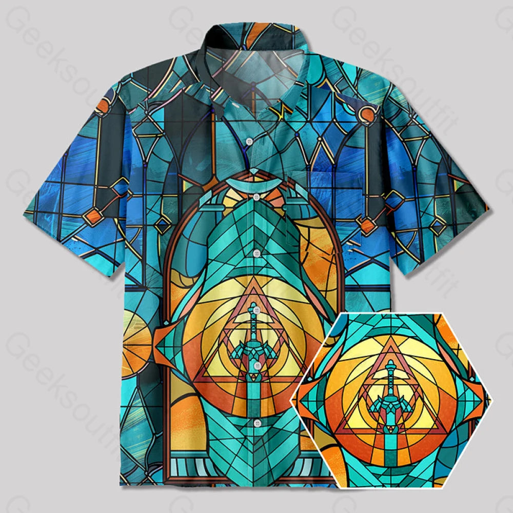 Master Sword Gothic Stained Glass Window Grilles Button Up Pocket Shirt