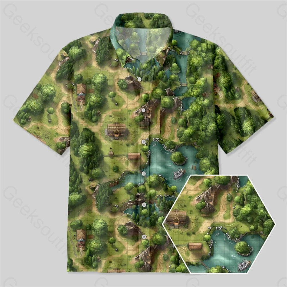 RPG Game Forest Map Button Up Pocket Shirt