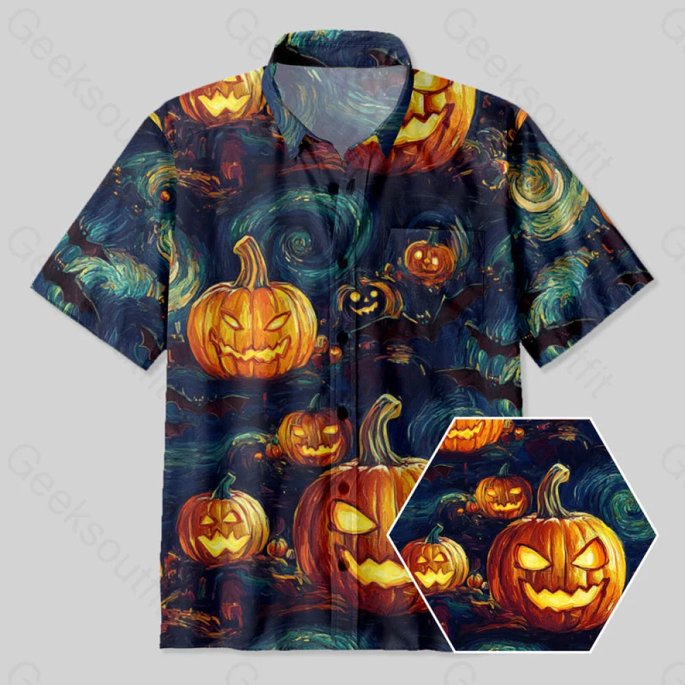 Halloween Pumpkin Lantern Van Gogh Style Button Up Pocket Shirt