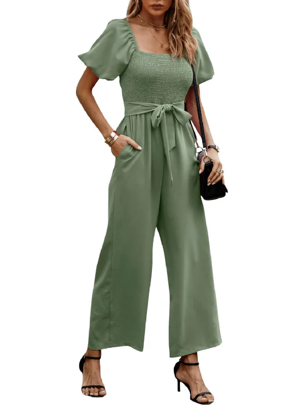 Smocked Wide Leg Jumpsuit In Green