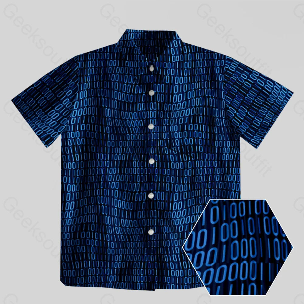 Curved Binary Computer 1s and 0s Blue Button Up Pocket Shirt