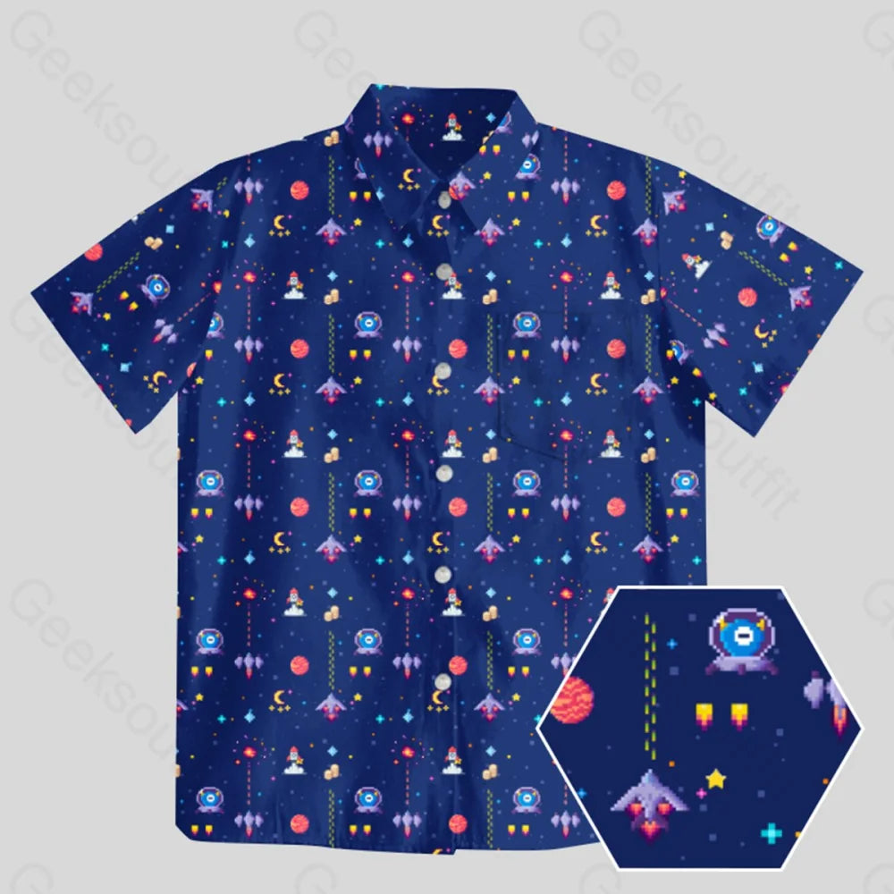 Retro Style Arcade Video Game featuring Space Blue Button Up Pocket Shirt