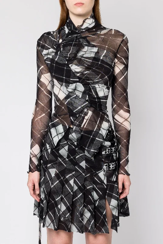 Jean Paul Gaultier Distorted Tartan Mesh Draped Long Sleeve Top