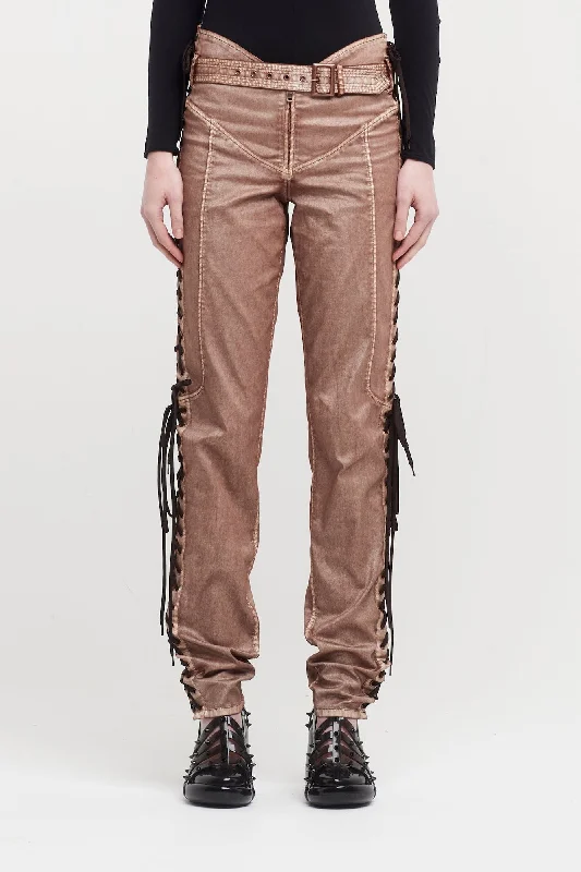 Jean Paul Gaultier X KNWLS Low Waist Laced Straight Trousers with Topstitched and Branded Patch Details