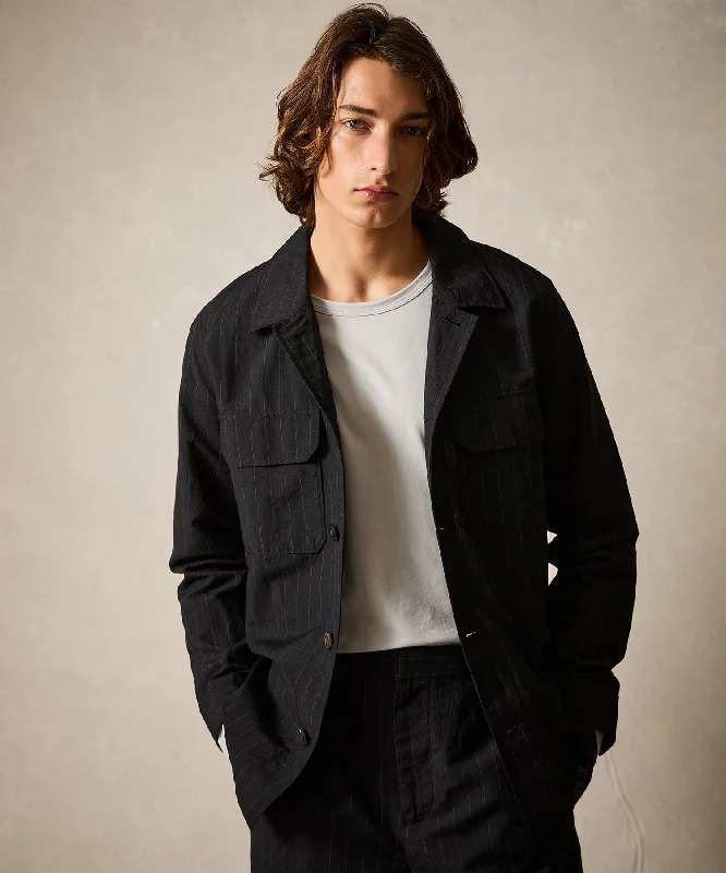 Italian Wool Linen Two-Pocket Overshirt in Black Pinstripe