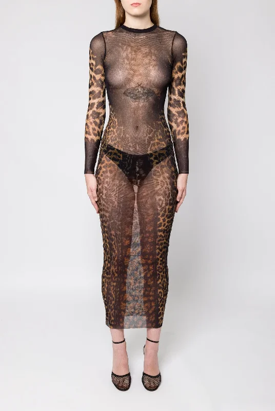 Jean Paul Gaultier Leopard Printed Mesh Long Dress