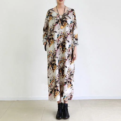 Fall Beige floral cotton dress plus size cotton clothing