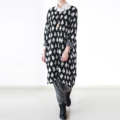 fall black dotted plus size cotton dress oversized shift dresses