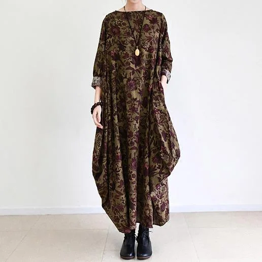 Fall Brown Baggy Long Sleeve Linen Dresses Long Cotton Maxi Dress