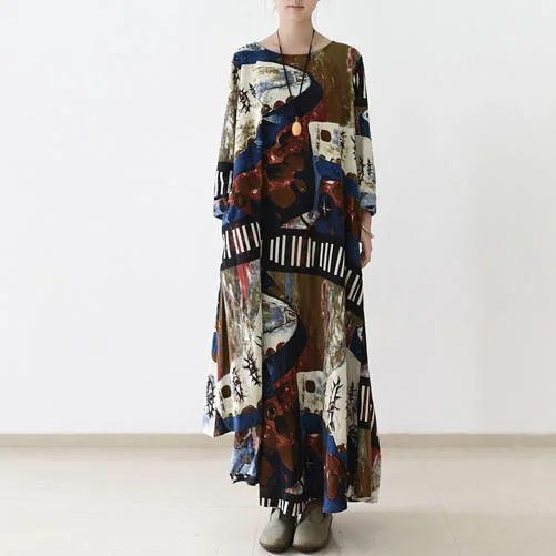 fall brown floral long sleeve linen dresses asymmetrical long cotton dress plus size clothing