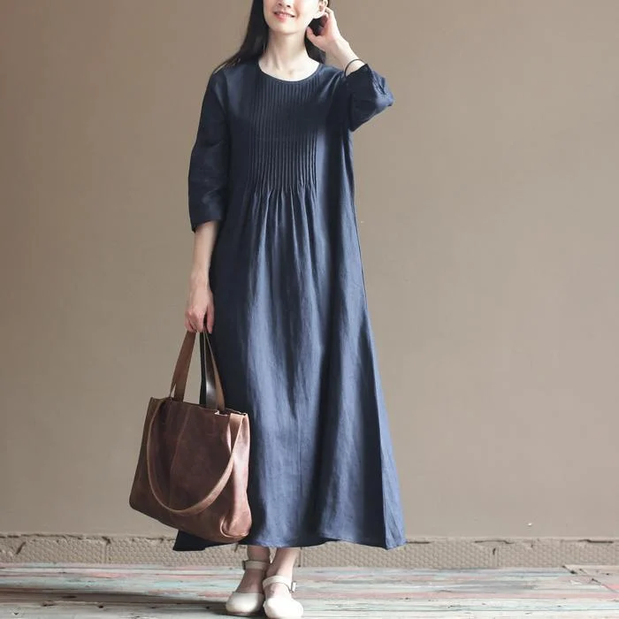 fall navy pleated linen dresses bracelet sleeve linen maxi dress caftans