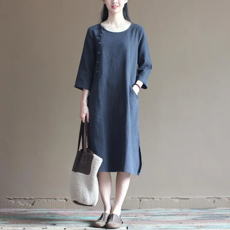 half sleeve navy linen dress summer spring maxi dresses casual style