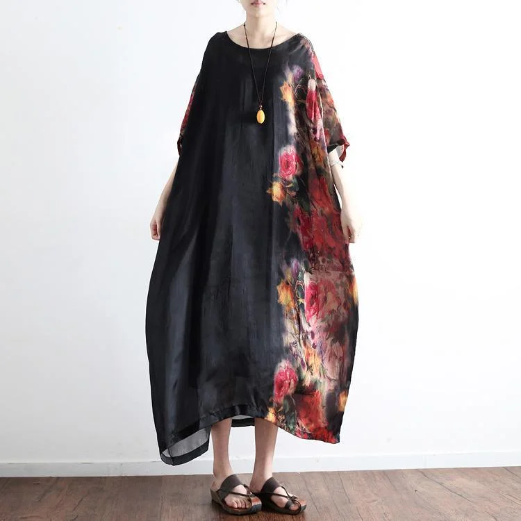 Black Prints Silk Dresses Plus Size Sundress Patchwork Short Sleeve Maxi Dress