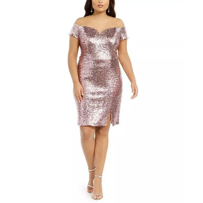 B Darlin Women's Trendy Size Off The Shoulder Sequined Bodycon Dress Pink Size 16