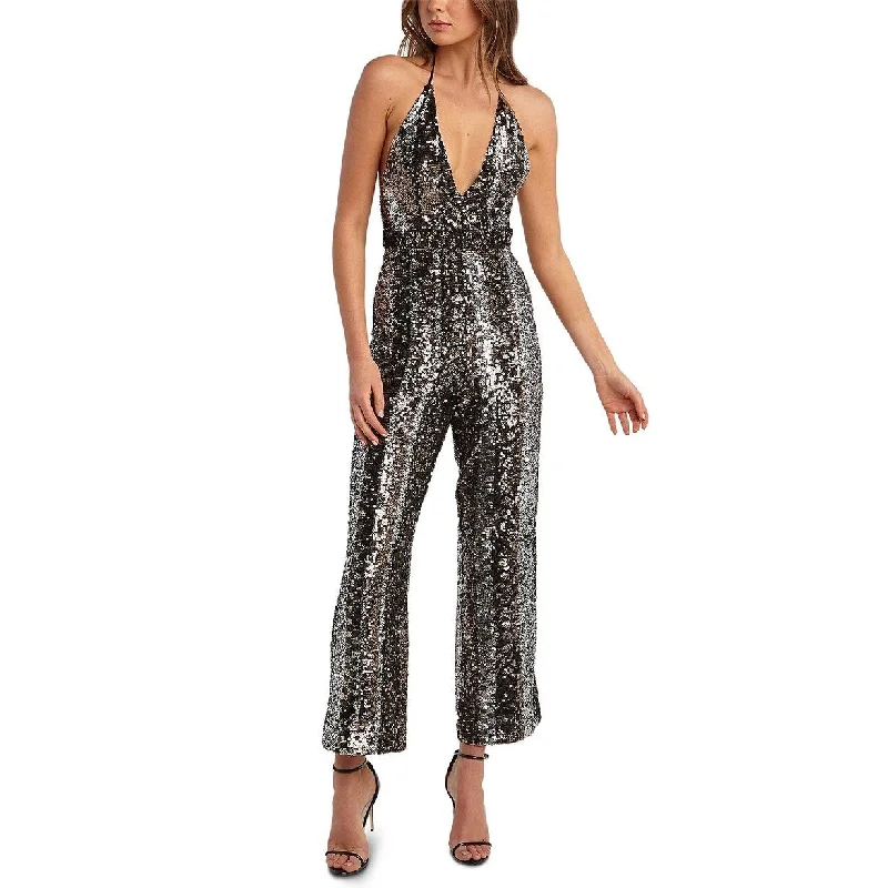 Bardot Women's Halter Disco Sequin Jumpsuit Med Gray Size Extra Large - X-Large