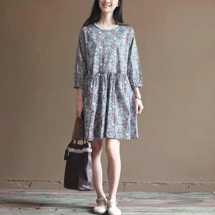 Blue floral cotton dresses bracelet sleeve fit flare dress long sleeve