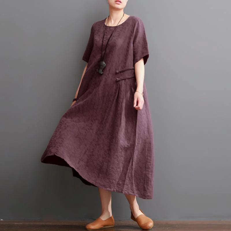 Burgundy summer linen dresses short sleeve maxi dress oversize