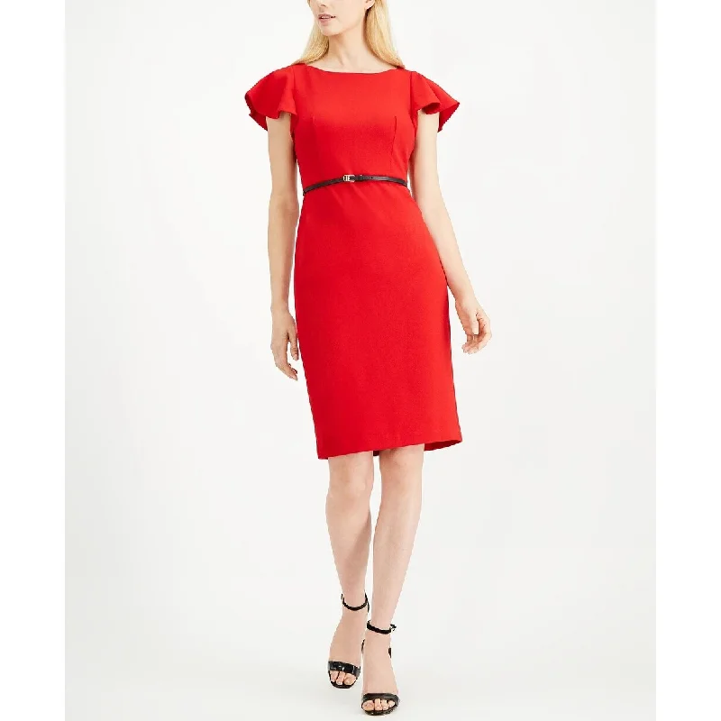 Calvin Klein Women's Belted Ruffle Sleeve Sheath Dress Red Size 6