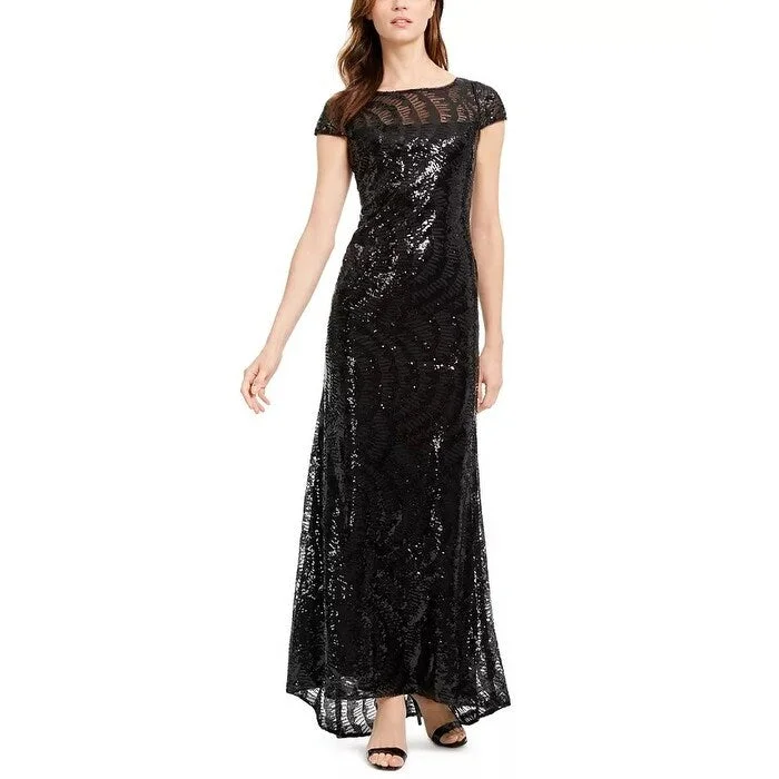 Calvin Klein Women's Cap-Sleeve Sequined V-Back Gown Black Size 6