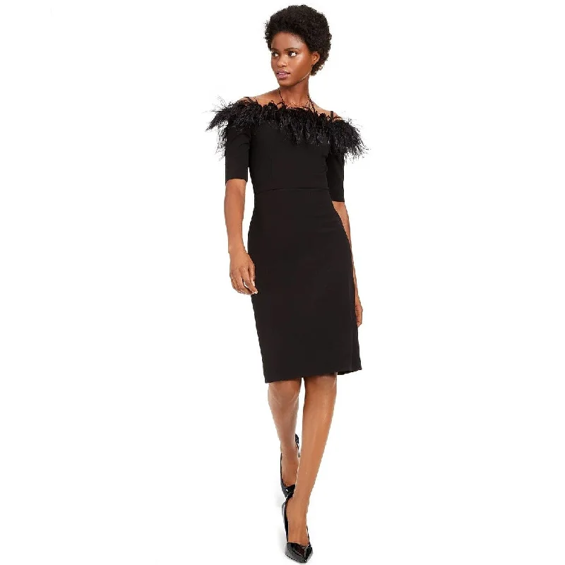 Calvin Klein Women's Off-The-Shoulder Faux-Feather Dress Black Size 16