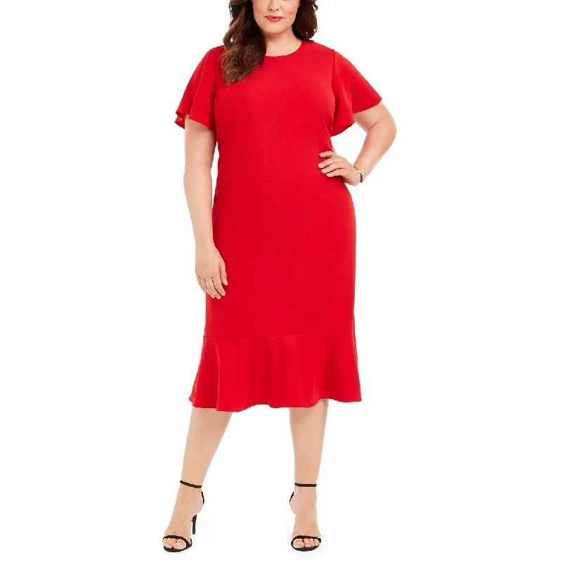 Calvin Klein Women's Plus Size Flounce-Hem Sheath Dress Red Size Small