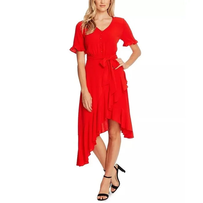 CeCe Women's Ruffle Belted High Low Dress Red Size 6