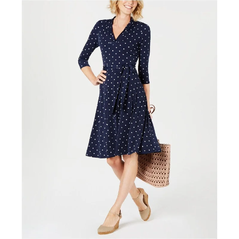 Charter Club Women's Petite Dot-Print Belted Swing Dress Navy Size Medium