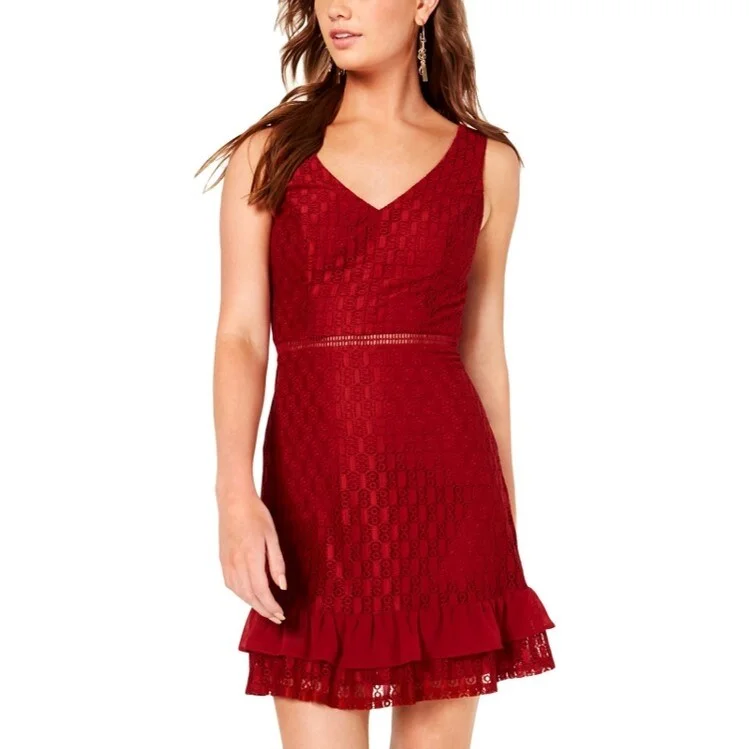 City Studio Women's Juniors Lace Ladder Stitch Flounce Dress Wine Size 9 - Red