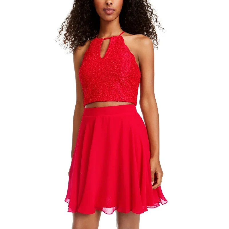 City Studios Juniors' 2-Pc. Glitter Lace & Chiffon Dress Red Size 5