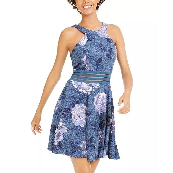 City Studios Junior's Glitter Floral Print Skater Dress Navy Size 3