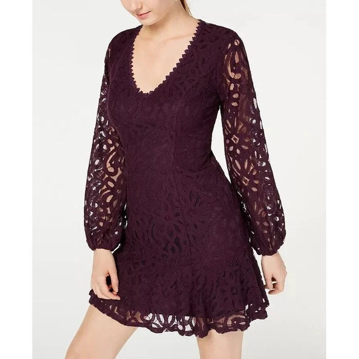 City Studios Juniors' Lace Illusion-Sleeve Dress Purple Size 1