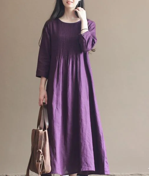 Fall Purple Linen Dresses Bracelet Sleeve Pleated Linen Maxi Dress Gowns