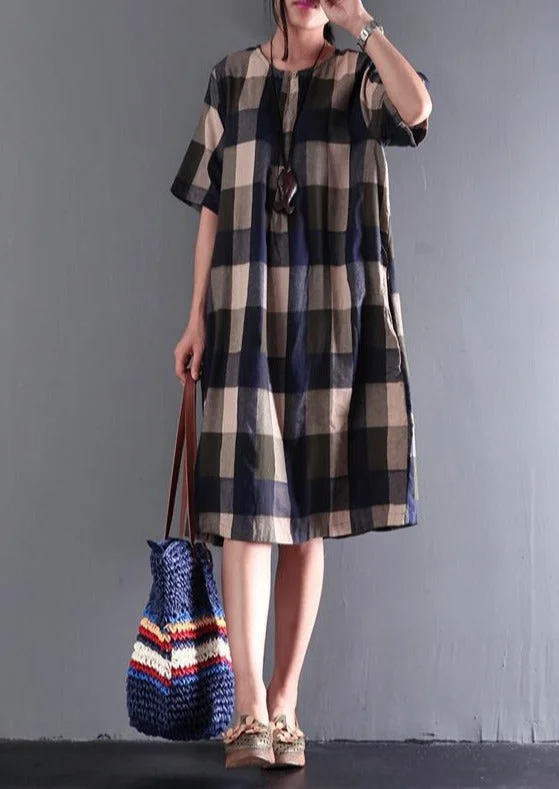 Fine Blue Gray Plaid Summer Dresses Loose Linen Sundresses Short Sleeve