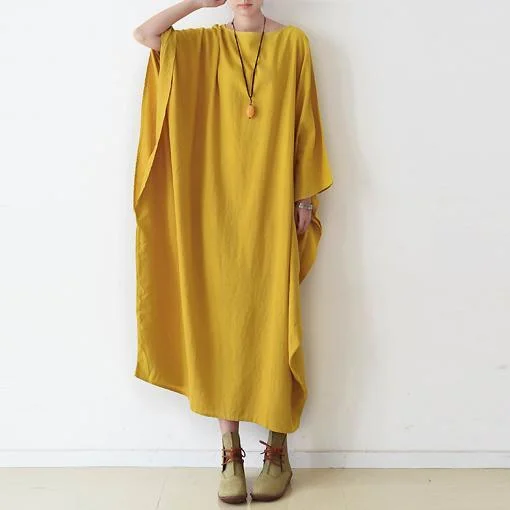 Yellow Cotton Maxi Dress Plus Size Casual Caftans Batwing Sleeve