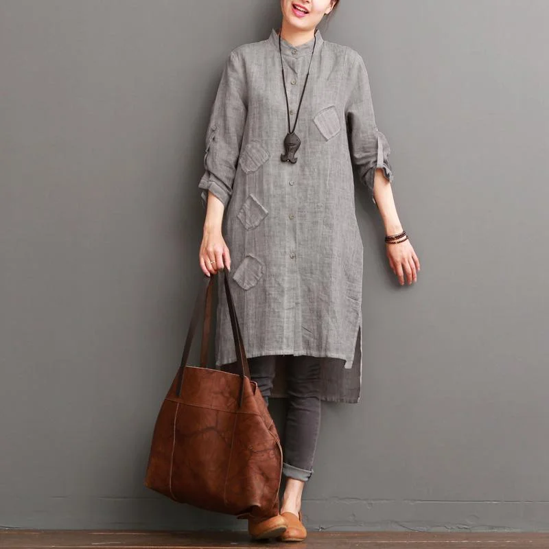 Gray cotton dress for summer pockets patchwork shirt sundress