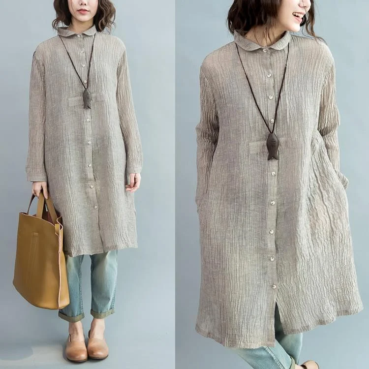 Gray pleated linen dresses oversize long sleeve linen blouses shift dress