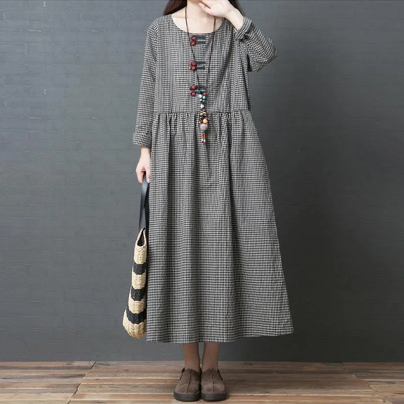 Handmade Black Plaid Linen Dresses O Neck Patchwork Long Dress