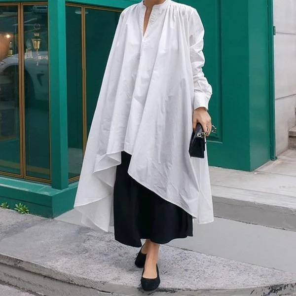 Irregular White Long Blouse Women Clothes V Neck Full Sleeve Match All Shirt Top