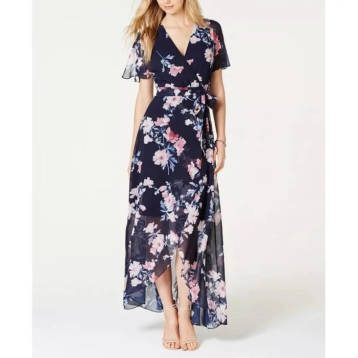 Jessica Howard Women's Floral-Print Faux-Wrap Maxi Dress Blue Size 10