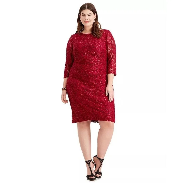 Jessica Howard Women's Ruched Embellished Lace Dress Red Size Petite Small - Petite Small