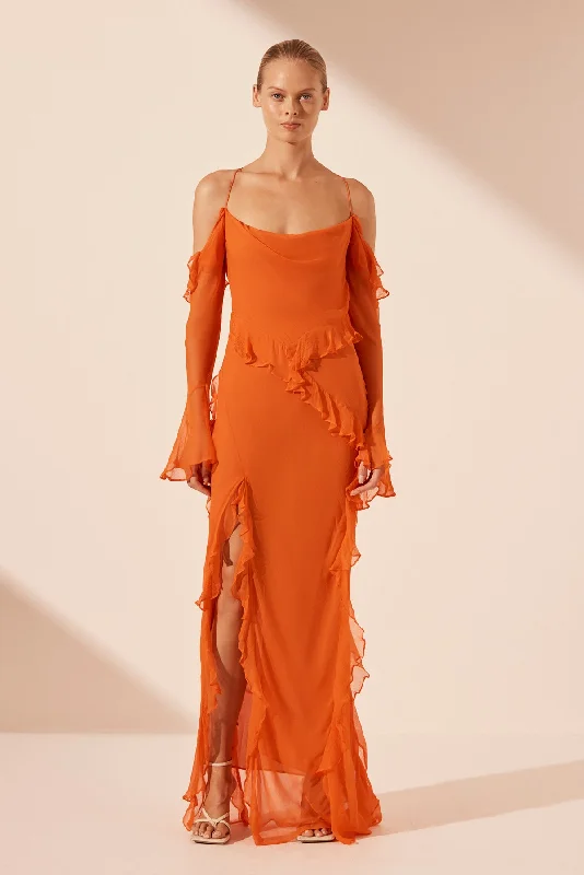 LAYLA LONG SLEEVE RUFFLE MAXI DRESS - FLAME ORANGE