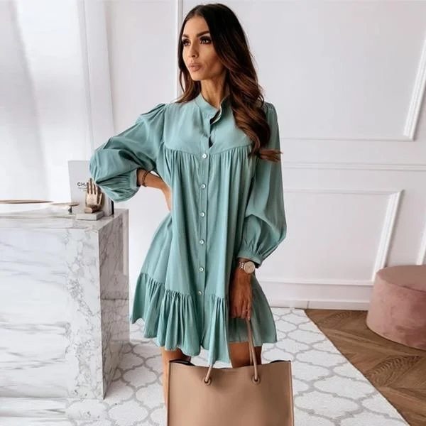 Long Sleeve Stand Collar Solid Elegant Casual Mini Dress 2020 Spring New Dress