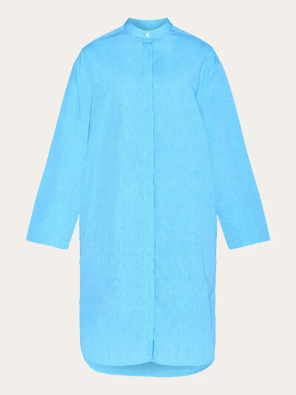 Loose chambray stand collar long shirt dress - GOTS/Vegan - Malibu Blue