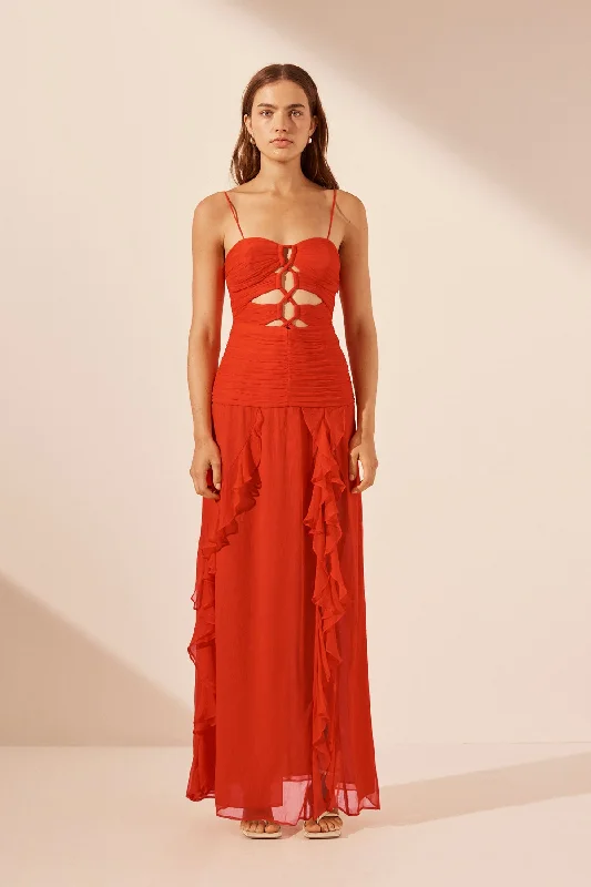 MAYA RUCHED LACE UP MAXI DRESS - HIBISCUS