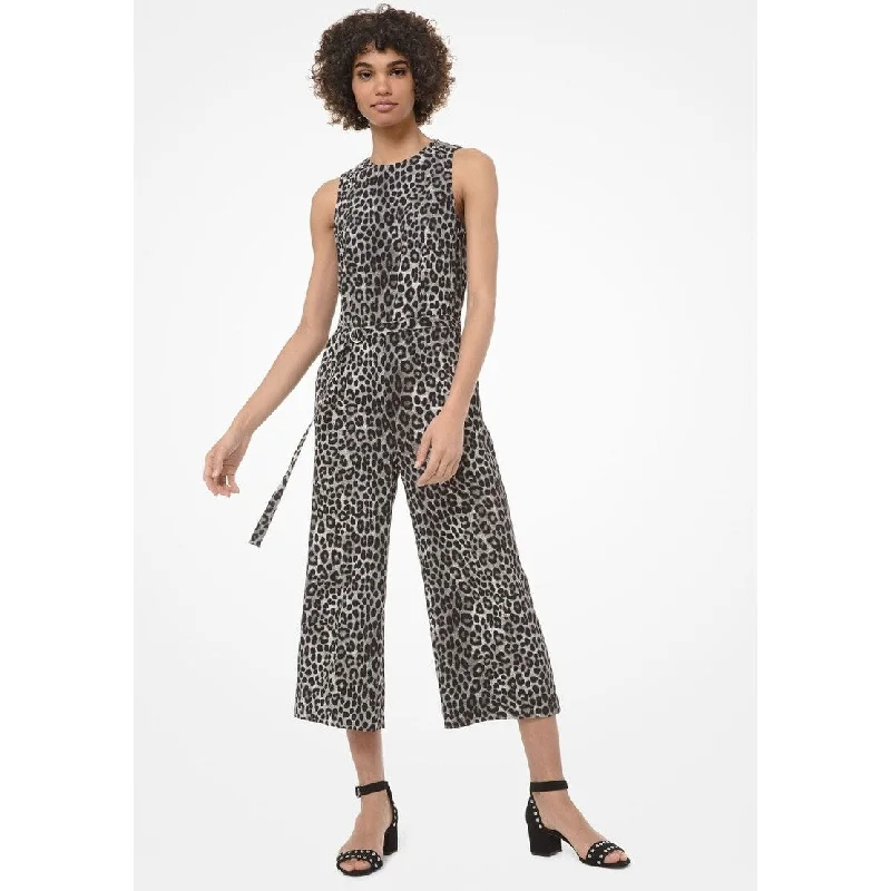 Michael Kors Women's Cropped Belted Animal-Print Jumpsuit Grey Size 4