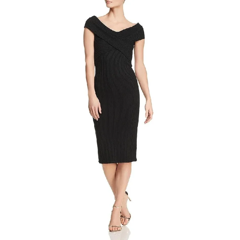 Michael Kors Women's Ribbed Crossover Collar Midi Dress Black Size Extra Large - X-Large