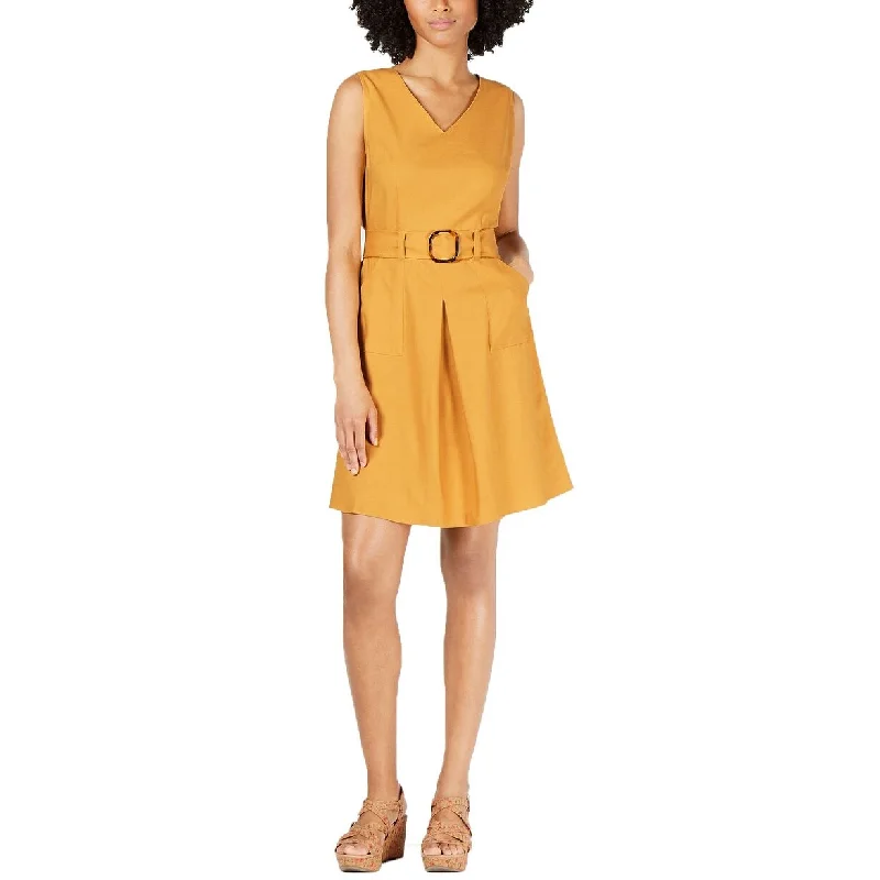 Monteau Women's Petite Belted Fit & Flare Dress Mustard Size Medium