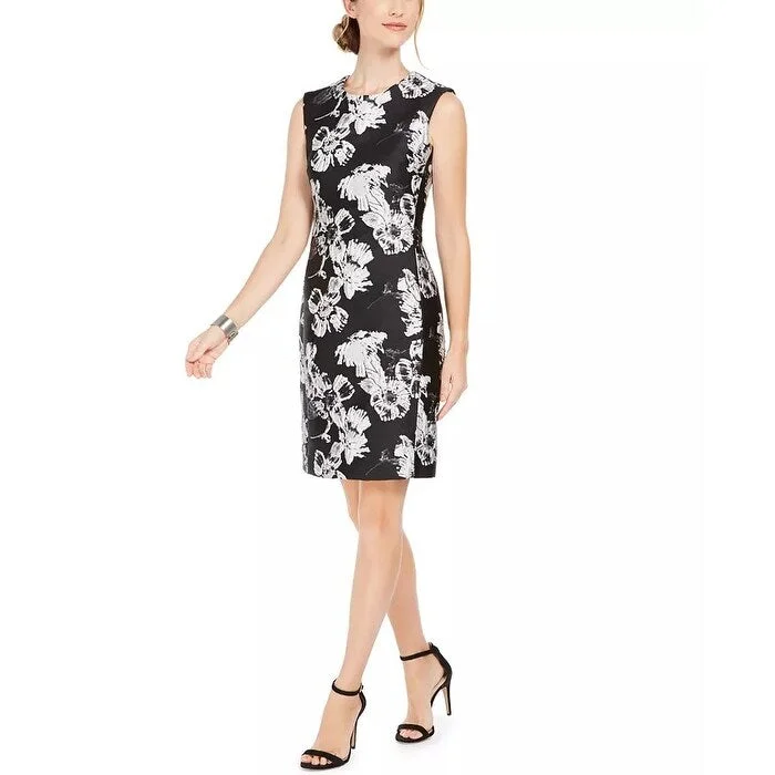 N Natori Women's Floral-Print Jacquard Sheath Dress Black Size 14